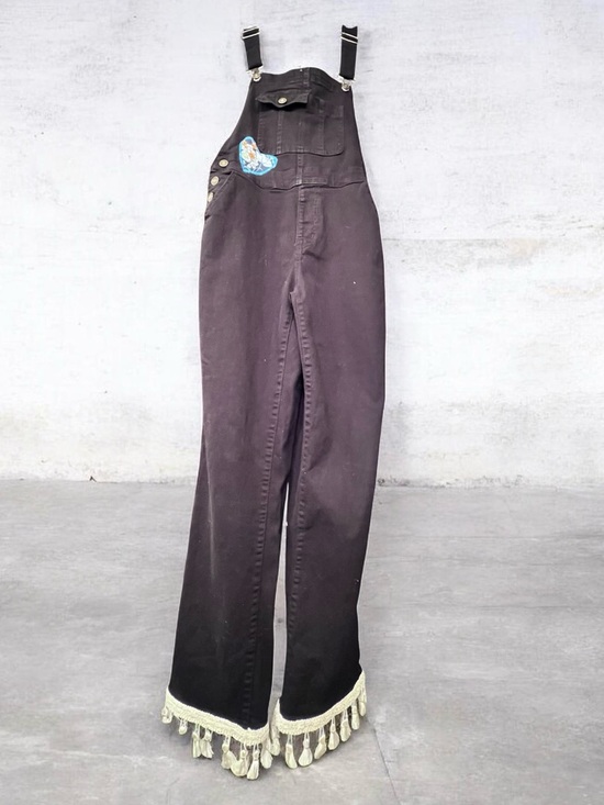 Pants - ALOHA REFASHIONED BLACK BOHO OVERALLS WITH FLORAL POCKETS & TASSEL TRIM